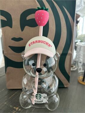 Starbucks Kids Clear Bear Cup with Pink Strawberry Straw and White Cap